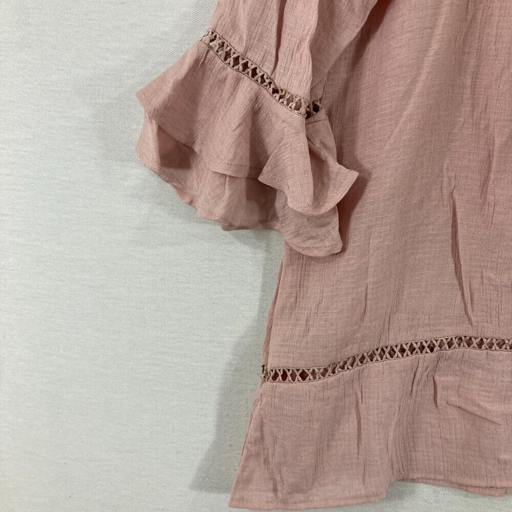 New Blu Pepper Medium Pink Blue Floral Embroidered Ruffle Blouse Cottagecore - Picture 5 of 11